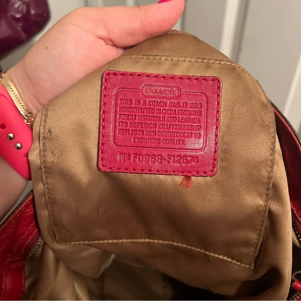 Coach F12674 Zoe Signature C Khaki Jacquard Red Leather Hobo Shoulder Bag - Picture 14 of 16